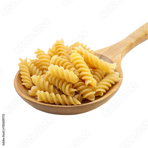 Raw fusilli pasta on wooden spoon isolated on transparent background