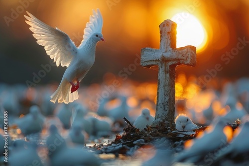 As the sun sets, a single dove descends near a stone cross surrounded by feathers, symbolizing hope and faith