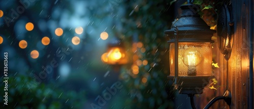 Lantern hanging on wall in rain