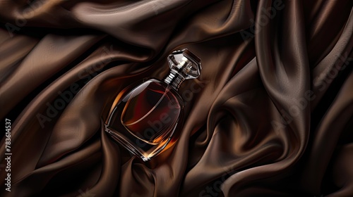 a men's perfume with a top-down photograph of the bottle resting on a luxurious dark brown silk fabric, capturing the essence of elegance and refinement in high resolution.