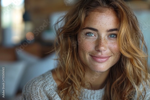 A close-up of a beautiful woman with striking freckles and a soft smile, exuding casual elegance and confidence
