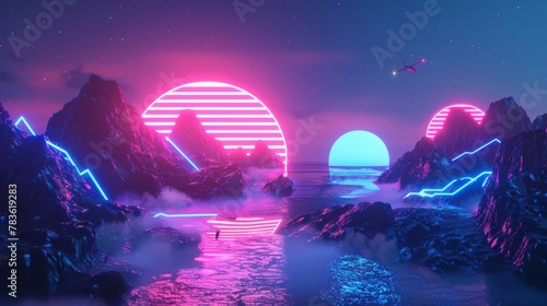 Neon lights creating a surreal 3d landscape 3d style isolated flying objects memphis style 3d render AI generated illustration
