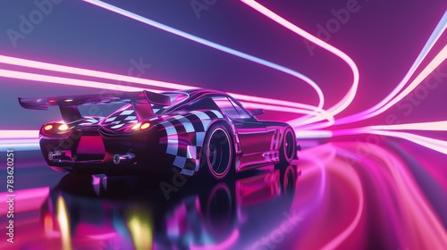 Racing car and checkered flag in a neon color palette 3d style isolated flying objects memphis style 3d render AI generated illustration