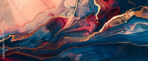 Crimson and gold gradients melt into a pool of royal blue and peach, forming an enchanting abstract dreamscape."