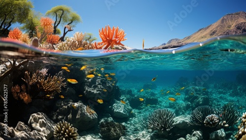 An underwater paradise teeming with vibrant marine life and coral formations.