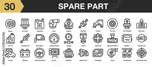 Set of 30 spare part icon set. Includes horn, car oil, accelerator, piston, suspension, brake, and More. Outline icons vector collection.