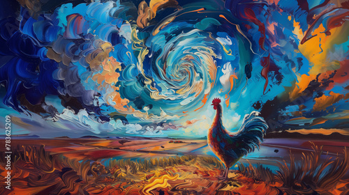 Fiery Night: Psychedelic Rural Landscape and Rooster with Ethereal Azure & Amber, AI Generated Image