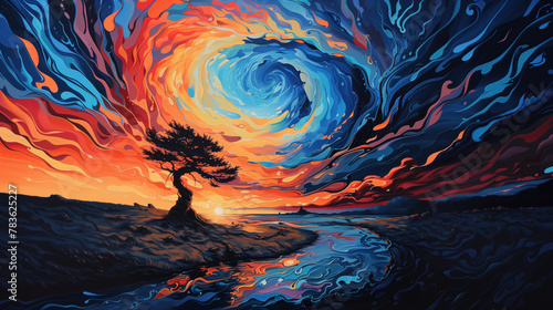Vibrant Color Night: Psychedelic Rural Landscape with Ethereal Azure & Amber, AI Generated Image