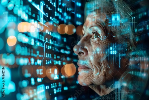 Woman examines binary linked data in an automated system, AI-generated.
