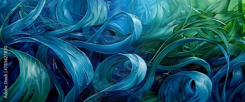 Emerald green tendrils gracefully intermingling against a captivating tapestry of sapphire blue.