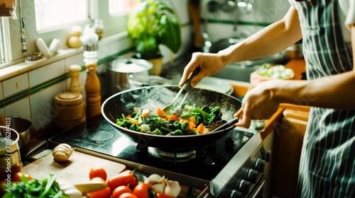 A kitchen table laden with fresh produce, with a woman skillfully preparing a vegetarian stir fry in a small wok.