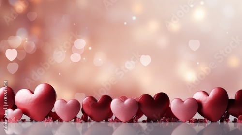 AI generated illustration of rows of red hearts on the ground with soft lights and bokeh
