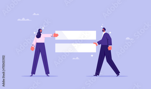 Equality in workplace concept, providing equal job opportunities for all employees without discrimination concept, businessman and Businesswoman holding with equal sign