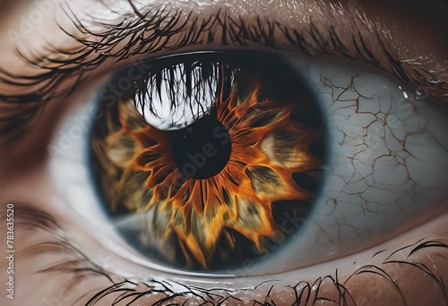 AI generated illustration of a close-up of a human eye with a fiery iris
