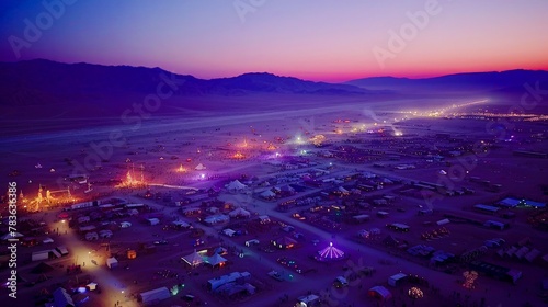 A mesmerizing bird's-eye view of Burning Man, with art installations and camps sprawling across the Nevada desert at dusk.