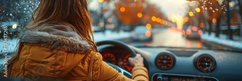 A confident woman navigates urban streets, hands firmly on the steering wheel, driving her car.