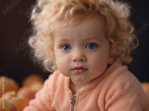 AI generated illustration of a baby with blue eyes surrounded by oranges and apples