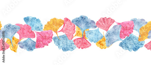 Seamless border with leaf imprints. Blue, pink, golden biloba leaves. Banner isolated on white background. Ginkgo, palm, dry abstract fan leaves. Watercolor illustration of leaf silhouettes