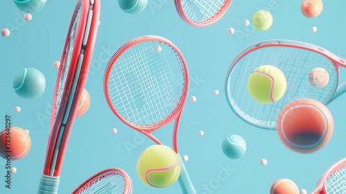 Tennis racquets and balls floating 3d style isolated flying objects memphis style 3d render AI generated illustration