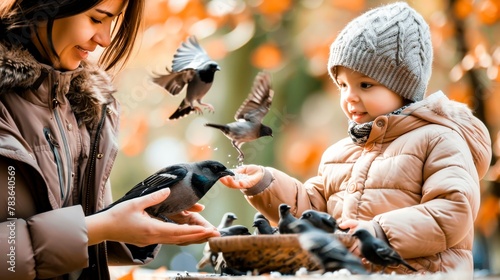 A mom and her kid feeding birds at the park, a lesson in kindness and care for nature.