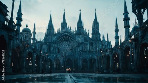 Majestic Cathedral With Multiple Spires in Urban Setting. Generative AI