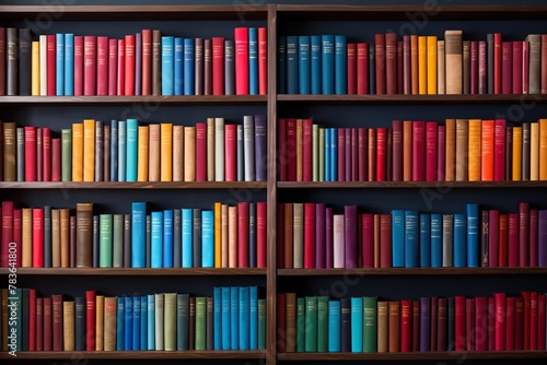 book shelves with different color books stacked on them in a library