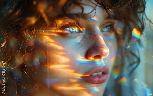 AI generated illustration of a close-up portrait of a woman illuminated by bright lights