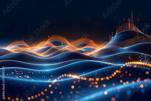 Technological futuristic illustration featuring a wave of luminous particles, visualizing big data within a 3D technological landscape. Ideal for Design, Background, Cover, Poster, Banner, PPT, KV des