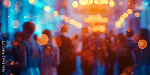 A defocused image capturing the excitement of a corporate event with a blurry crowd mingling in the background