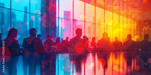 Abstract background of a bustling conference hall with blurred figures networking and interacting in a corporate setting