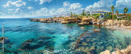 Panoramic view of the beach with palm trees on the coast of Cyprus 