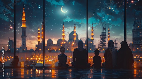 Arab family sits together looking through a window at a cityscape adorned with illuminated mosques under a crescent moon, celebrating Ramadan.