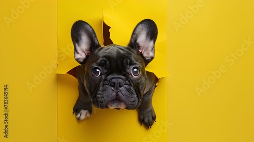 Adorable French Bulldog peeking through a torn yellow paper with its cute face and paws visible Perfect for pet lovers and quirky ad campaigns