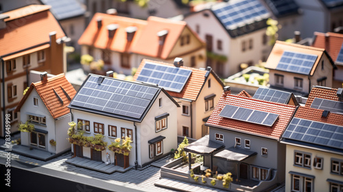 Miniature model residential, townhouse, downtown buildings install solar panels cells on the roof. Renewable solar wind power concept 