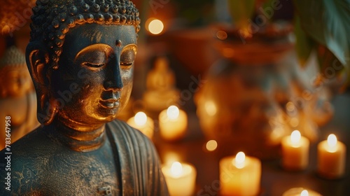 Intimate Scene of Ancient Buddha Statue Surrounded by Flickering Candles, Radiating Spiritual Warmth in Editorial Style and Close-up View.