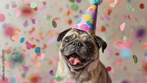 Funny and happy pug in a party hat with confetti flying around