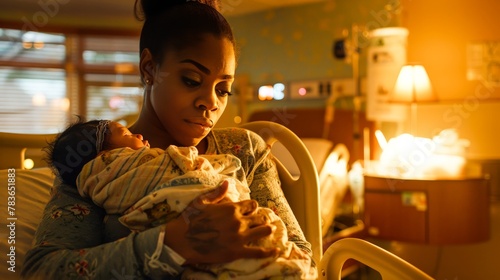 A new mother cradles her newborn, their first touch a silent language of love, in the soft glow of a hospital room.