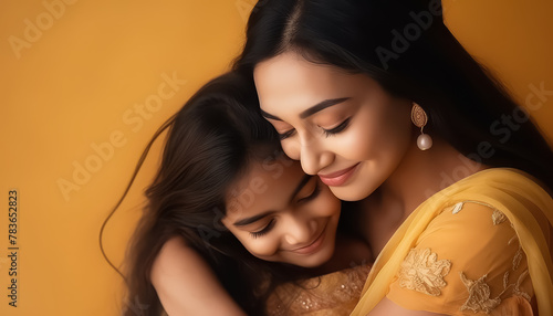 A mother and daughter are hugging each other in a warm, orange blanket indian family