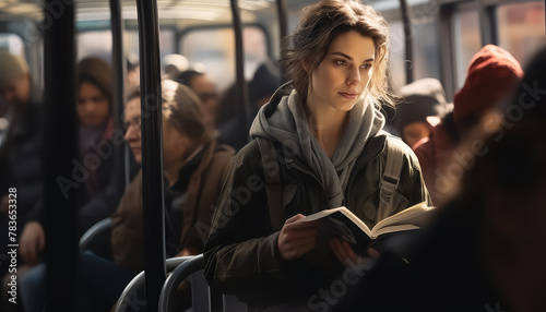 A woman is sitting on a bus reading a book