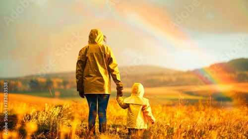 A parent and child in raincoats, marveling at a rainbow after a storm, the world around them washed in a soft, golden hue.