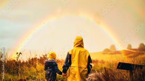A parent and child in raincoats, marveling at a rainbow after a storm, the world around them washed in a soft, golden hue.