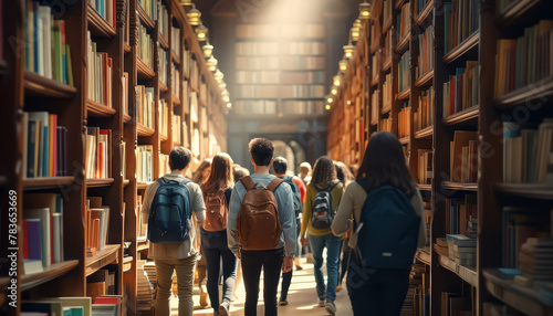 A group of people are walking through a library, some of them carrying backpacks