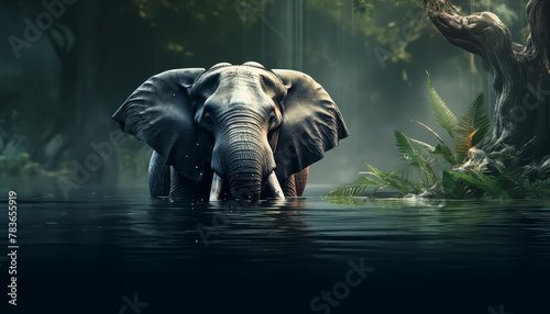 A large elephant is running through a river, splashing water everywhere