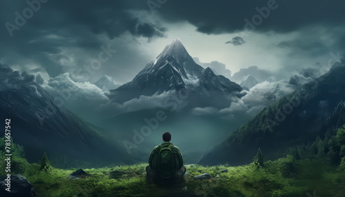 A man is sitting on a grassy hillside in the mountains