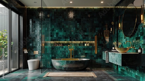 Modern and minimalist bathroom design, dark green tiles with gold objects