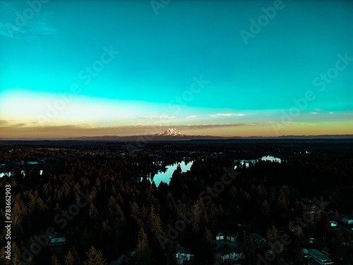 Beautiful view of Mount Rainier against the background of the blue sky. Washington, United States.