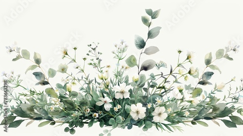 A watercolor painting of a floral arrangement with white flowers and green leaves.