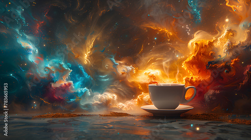 Discover the enchantment of a colored cup of universe coffee against a liquid color design background.