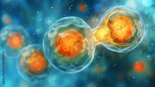 Early-stage division of human or animal cells in embryos, showcasing mitosis process and significance of the cellular membrane in the fundamental concept of developmental biology and medical research