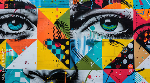 Street art mural graffiti depicting the face of an attractive woman with large eyes, surrounded by geometric patterns and vibrant colors.